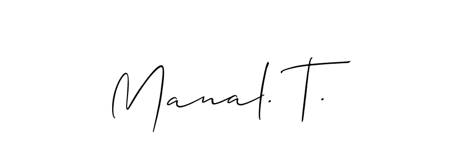 The best way (Allison_Script) to make a short signature is to pick only two or three words in your name. The name Manal. T. include a total of six letters. For converting this name. Manal. T. signature style 2 images and pictures png
