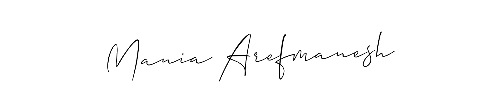 Make a beautiful signature design for name Mania Arefmanesh. With this signature (Allison_Script) style, you can create a handwritten signature for free. Mania Arefmanesh signature style 2 images and pictures png