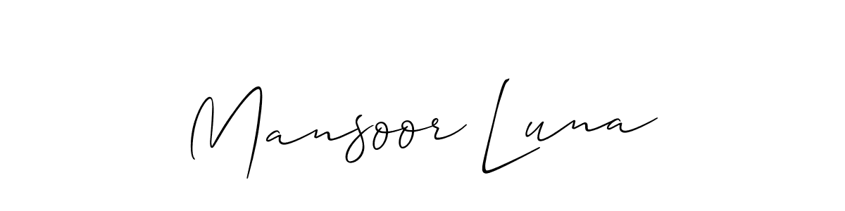 Make a short Mansoor Luna signature style. Manage your documents anywhere anytime using Allison_Script. Create and add eSignatures, submit forms, share and send files easily. Mansoor Luna signature style 2 images and pictures png