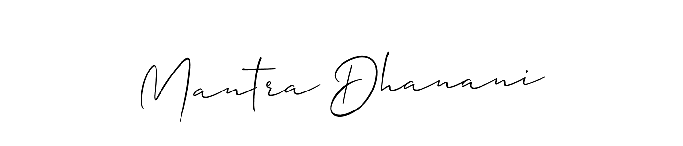 The best way (Allison_Script) to make a short signature is to pick only two or three words in your name. The name Mantra Dhanani include a total of six letters. For converting this name. Mantra Dhanani signature style 2 images and pictures png