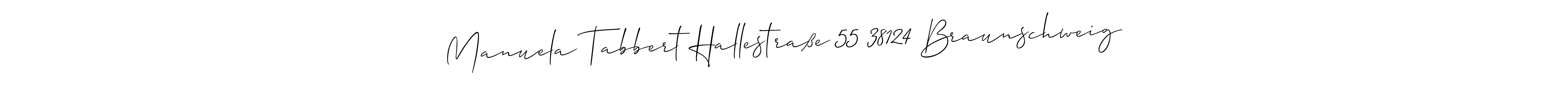 if you are searching for the best signature style for your name Manuela Tabbert Hallestraße 55 38124 Braunschweig. so please give up your signature search. here we have designed multiple signature styles  using Allison_Script. Manuela Tabbert Hallestraße 55 38124 Braunschweig signature style 2 images and pictures png