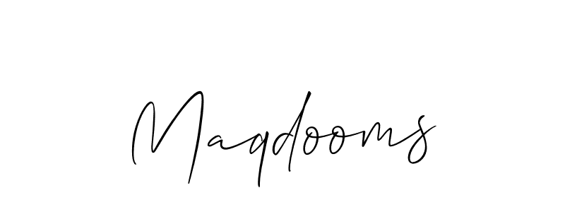 Allison_Script is a professional signature style that is perfect for those who want to add a touch of class to their signature. It is also a great choice for those who want to make their signature more unique. Get Maqdooms name to fancy signature for free. Maqdooms signature style 2 images and pictures png