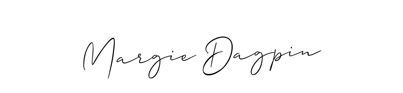 The best way (Allison_Script) to make a short signature is to pick only two or three words in your name. The name Margie Dagpin include a total of six letters. For converting this name. Margie Dagpin signature style 2 images and pictures png