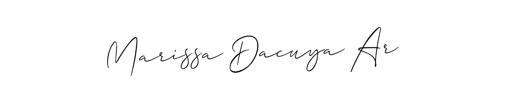 The best way (Allison_Script) to make a short signature is to pick only two or three words in your name. The name Marissa Dacuya Ar include a total of six letters. For converting this name. Marissa Dacuya Ar signature style 2 images and pictures png