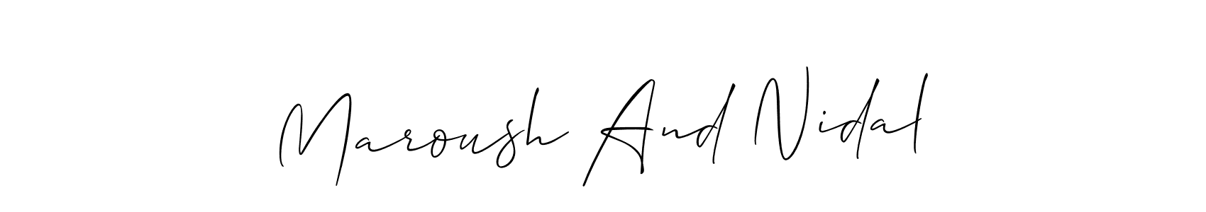 The best way (Allison_Script) to make a short signature is to pick only two or three words in your name. The name Maroush And Nidal include a total of six letters. For converting this name. Maroush And Nidal signature style 2 images and pictures png