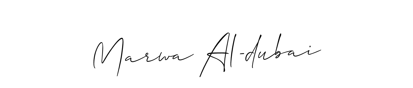 Allison_Script is a professional signature style that is perfect for those who want to add a touch of class to their signature. It is also a great choice for those who want to make their signature more unique. Get Marwa Al-dubai name to fancy signature for free. Marwa Al-dubai signature style 2 images and pictures png