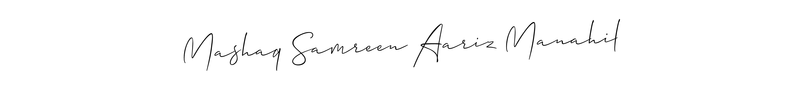 It looks lik you need a new signature style for name Mashaq Samreen Aariz Manahil. Design unique handwritten (Allison_Script) signature with our free signature maker in just a few clicks. Mashaq Samreen Aariz Manahil signature style 2 images and pictures png