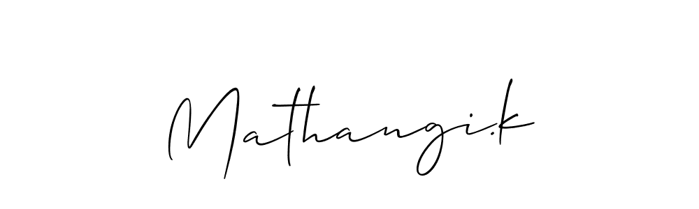 The best way (Allison_Script) to make a short signature is to pick only two or three words in your name. The name Mathangi.k include a total of six letters. For converting this name. Mathangi.k signature style 2 images and pictures png