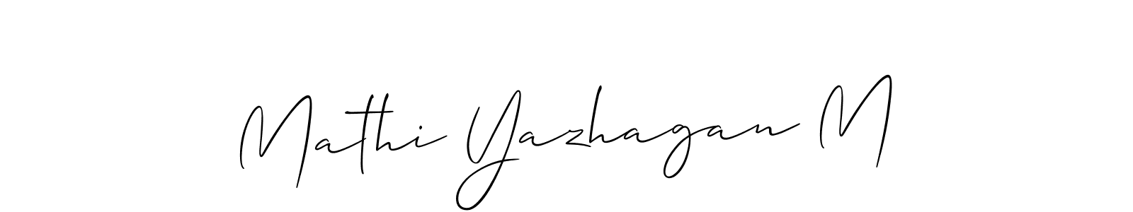 The best way (Allison_Script) to make a short signature is to pick only two or three words in your name. The name Mathi Yazhagan M include a total of six letters. For converting this name. Mathi Yazhagan M signature style 2 images and pictures png