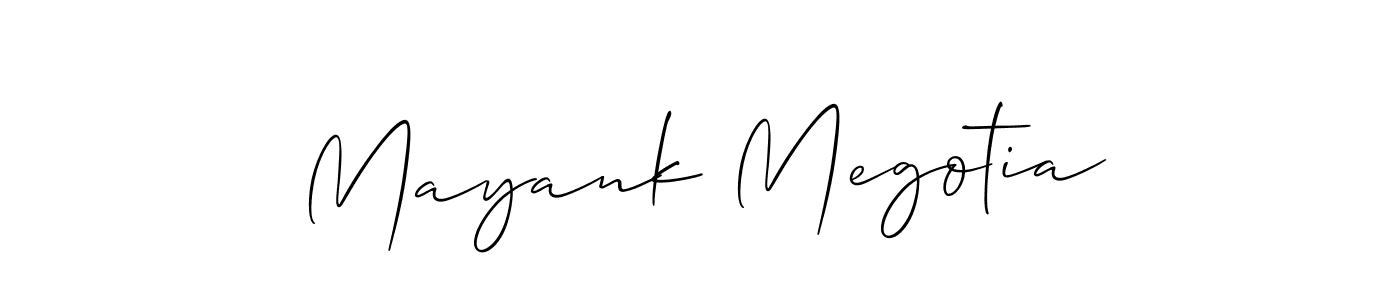 The best way (Allison_Script) to make a short signature is to pick only two or three words in your name. The name Mayank Megotia include a total of six letters. For converting this name. Mayank Megotia signature style 2 images and pictures png