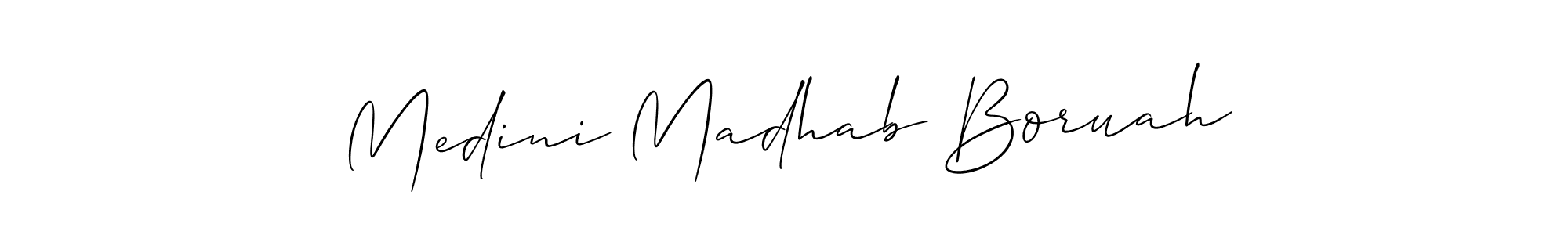 if you are searching for the best signature style for your name Medini Madhab Boruah. so please give up your signature search. here we have designed multiple signature styles  using Allison_Script. Medini Madhab Boruah signature style 2 images and pictures png