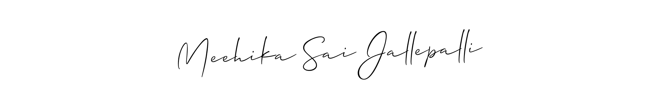 The best way (Allison_Script) to make a short signature is to pick only two or three words in your name. The name Meehika Sai Jallepalli include a total of six letters. For converting this name. Meehika Sai Jallepalli signature style 2 images and pictures png