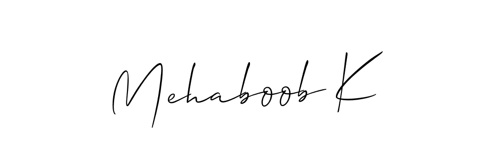 Also we have Mehaboob K name is the best signature style. Create professional handwritten signature collection using Allison_Script autograph style. Mehaboob K signature style 2 images and pictures png