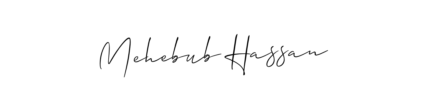 The best way (Allison_Script) to make a short signature is to pick only two or three words in your name. The name Mehebub Hassan include a total of six letters. For converting this name. Mehebub Hassan signature style 2 images and pictures png