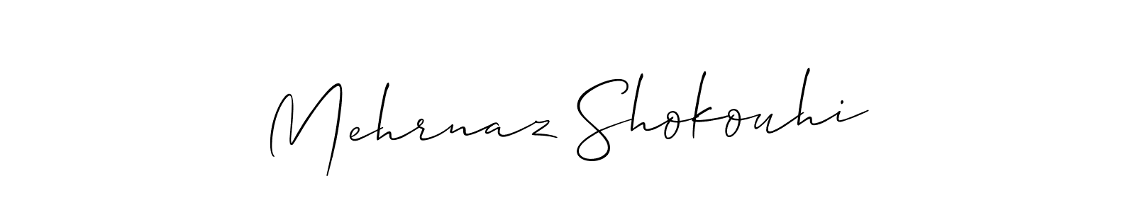 The best way (Allison_Script) to make a short signature is to pick only two or three words in your name. The name Mehrnaz Shokouhi include a total of six letters. For converting this name. Mehrnaz Shokouhi signature style 2 images and pictures png