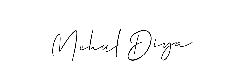 The best way (Allison_Script) to make a short signature is to pick only two or three words in your name. The name Mehul Diya include a total of six letters. For converting this name. Mehul Diya signature style 2 images and pictures png