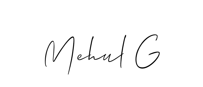 if you are searching for the best signature style for your name Mehul G. so please give up your signature search. here we have designed multiple signature styles  using Allison_Script. Mehul G signature style 2 images and pictures png