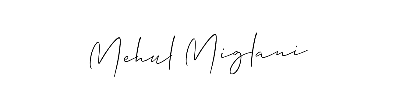 The best way (Allison_Script) to make a short signature is to pick only two or three words in your name. The name Mehul Miglani include a total of six letters. For converting this name. Mehul Miglani signature style 2 images and pictures png