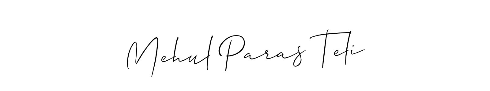 The best way (Allison_Script) to make a short signature is to pick only two or three words in your name. The name Mehul Paras Teli include a total of six letters. For converting this name. Mehul Paras Teli signature style 2 images and pictures png