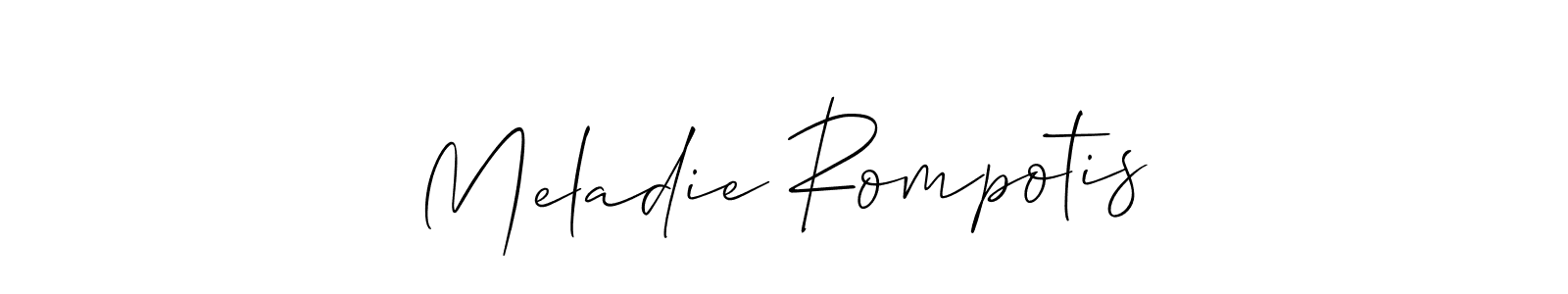 The best way (Allison_Script) to make a short signature is to pick only two or three words in your name. The name Meladie Rompotis include a total of six letters. For converting this name. Meladie Rompotis signature style 2 images and pictures png