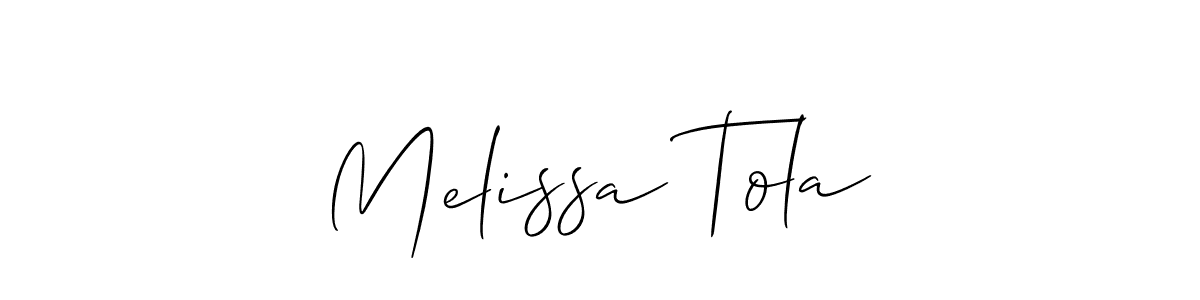 Make a short Melissa Tola signature style. Manage your documents anywhere anytime using Allison_Script. Create and add eSignatures, submit forms, share and send files easily. Melissa Tola signature style 2 images and pictures png
