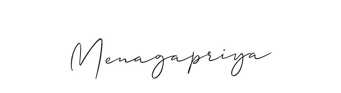 The best way (Allison_Script) to make a short signature is to pick only two or three words in your name. The name Menagapriya include a total of six letters. For converting this name. Menagapriya signature style 2 images and pictures png