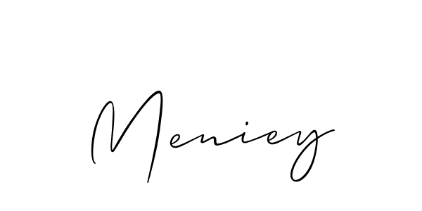 The best way (Allison_Script) to make a short signature is to pick only two or three words in your name. The name Meniey include a total of six letters. For converting this name. Meniey signature style 2 images and pictures png
