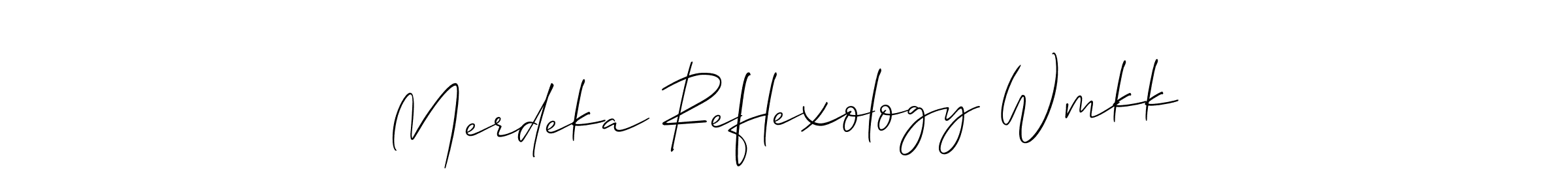 The best way (Allison_Script) to make a short signature is to pick only two or three words in your name. The name Merdeka Reflexology Wmkk include a total of six letters. For converting this name. Merdeka Reflexology Wmkk signature style 2 images and pictures png