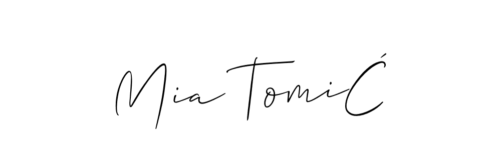 The best way (Allison_Script) to make a short signature is to pick only two or three words in your name. The name Mia TomiĆ include a total of six letters. For converting this name. Mia TomiĆ signature style 2 images and pictures png