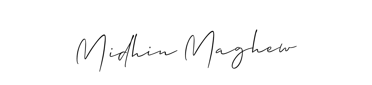 The best way (Allison_Script) to make a short signature is to pick only two or three words in your name. The name Midhin Maghew include a total of six letters. For converting this name. Midhin Maghew signature style 2 images and pictures png