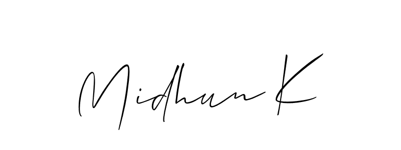 The best way (Allison_Script) to make a short signature is to pick only two or three words in your name. The name Midhun K include a total of six letters. For converting this name. Midhun K signature style 2 images and pictures png