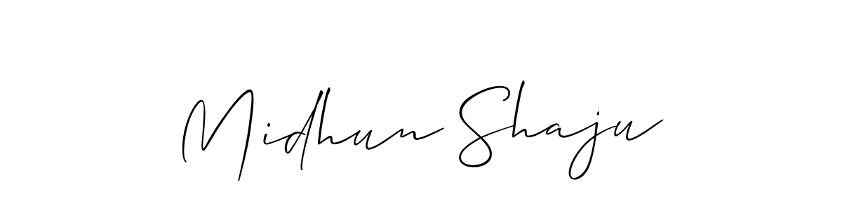 The best way (Allison_Script) to make a short signature is to pick only two or three words in your name. The name Midhun Shaju include a total of six letters. For converting this name. Midhun Shaju signature style 2 images and pictures png