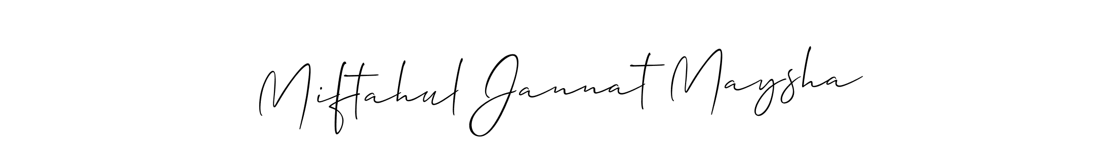 The best way (Allison_Script) to make a short signature is to pick only two or three words in your name. The name Miftahul Jannat Maysha include a total of six letters. For converting this name. Miftahul Jannat Maysha signature style 2 images and pictures png