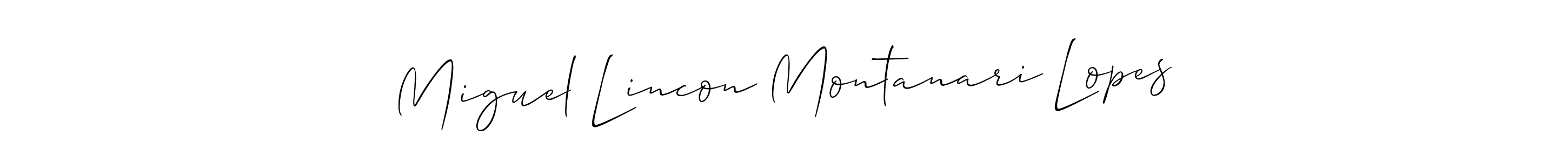 if you are searching for the best signature style for your name Miguel Lincon Montanari Lopes. so please give up your signature search. here we have designed multiple signature styles  using Allison_Script. Miguel Lincon Montanari Lopes signature style 2 images and pictures png