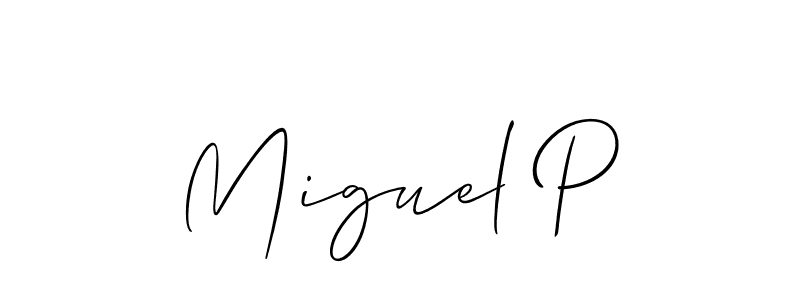 if you are searching for the best signature style for your name Miguel P. so please give up your signature search. here we have designed multiple signature styles  using Allison_Script. Miguel P signature style 2 images and pictures png