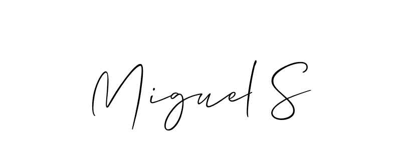 The best way (Allison_Script) to make a short signature is to pick only two or three words in your name. The name Miguel S include a total of six letters. For converting this name. Miguel S signature style 2 images and pictures png