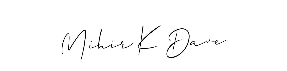 The best way (Allison_Script) to make a short signature is to pick only two or three words in your name. The name Mihir K Dave include a total of six letters. For converting this name. Mihir K Dave signature style 2 images and pictures png