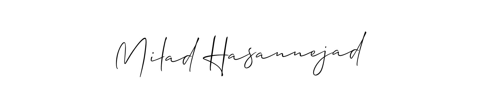 The best way (Allison_Script) to make a short signature is to pick only two or three words in your name. The name Milad Hasannejad include a total of six letters. For converting this name. Milad Hasannejad signature style 2 images and pictures png