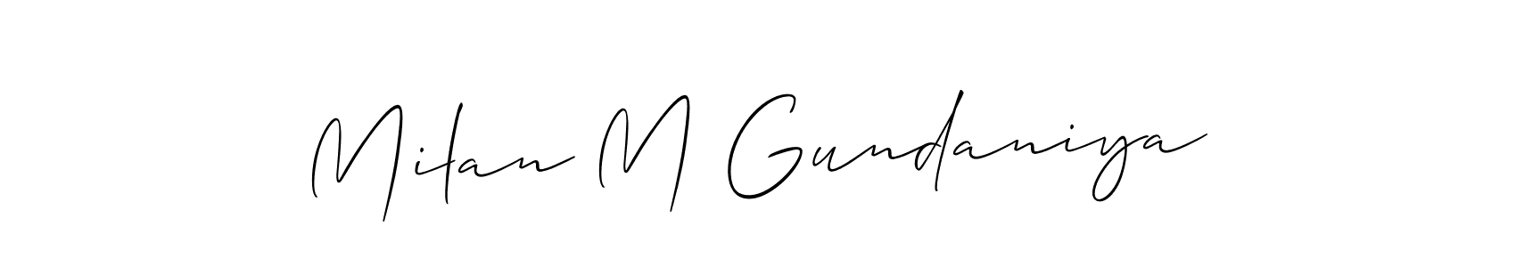Allison_Script is a professional signature style that is perfect for those who want to add a touch of class to their signature. It is also a great choice for those who want to make their signature more unique. Get Milan M Gundaniya name to fancy signature for free. Milan M Gundaniya signature style 2 images and pictures png