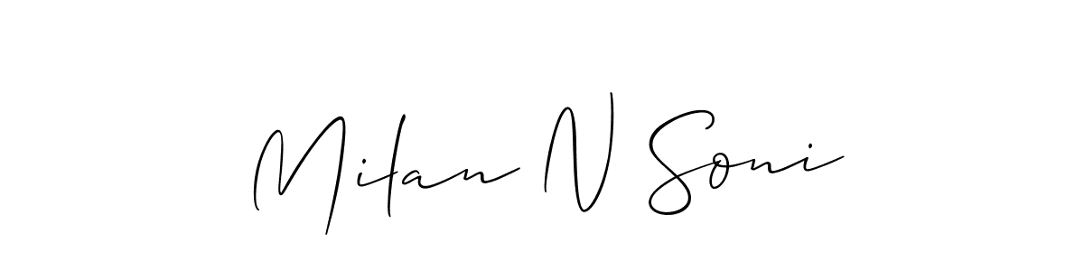 The best way (Allison_Script) to make a short signature is to pick only two or three words in your name. The name Milan N Soni include a total of six letters. For converting this name. Milan N Soni signature style 2 images and pictures png