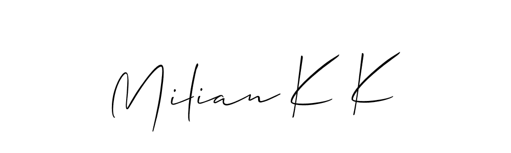 The best way (Allison_Script) to make a short signature is to pick only two or three words in your name. The name Milian K K include a total of six letters. For converting this name. Milian K K signature style 2 images and pictures png