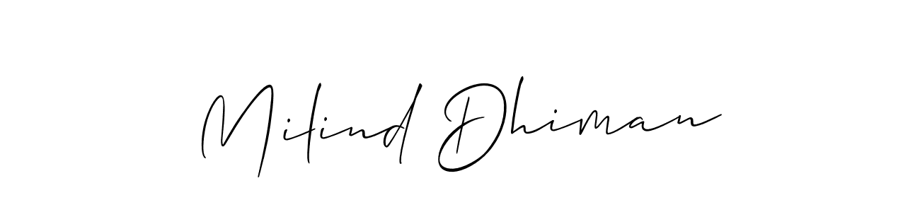 Also we have Milind Dhiman name is the best signature style. Create professional handwritten signature collection using Allison_Script autograph style. Milind Dhiman signature style 2 images and pictures png