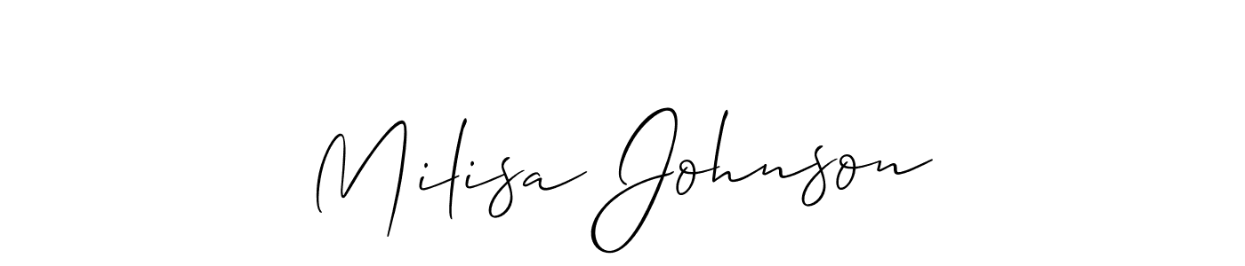 Check out images of Autograph of Milisa Johnson name. Actor Milisa Johnson Signature Style. Allison_Script is a professional sign style online. Milisa Johnson signature style 2 images and pictures png
