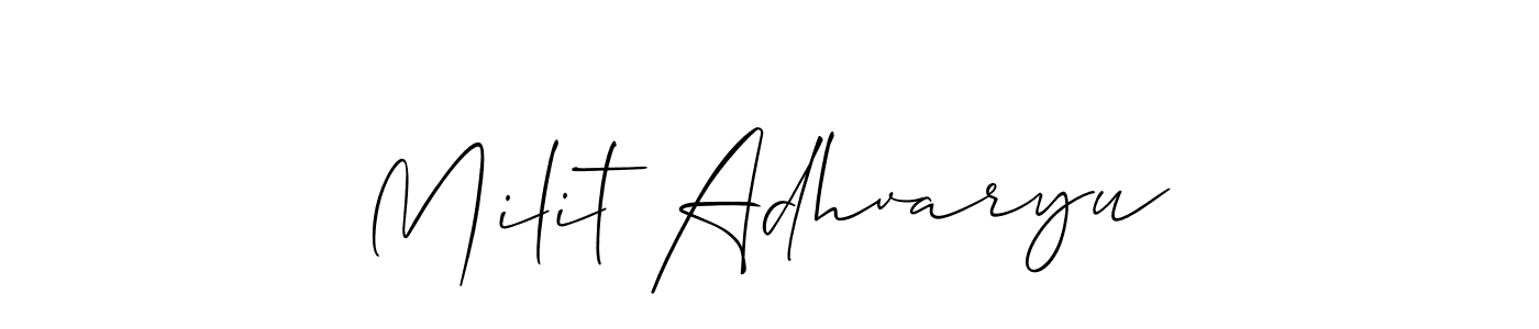 Also You can easily find your signature by using the search form. We will create Milit Adhvaryu name handwritten signature images for you free of cost using Allison_Script sign style. Milit Adhvaryu signature style 2 images and pictures png
