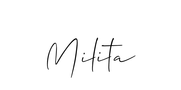 Use a signature maker to create a handwritten signature online. With this signature software, you can design (Allison_Script) your own signature for name Milita. Milita signature style 2 images and pictures png