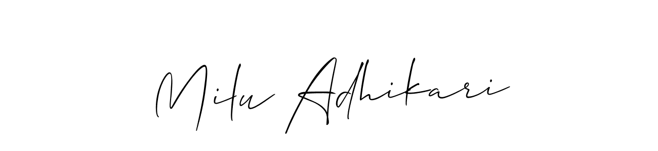 Also You can easily find your signature by using the search form. We will create Milu Adhikari name handwritten signature images for you free of cost using Allison_Script sign style. Milu Adhikari signature style 2 images and pictures png
