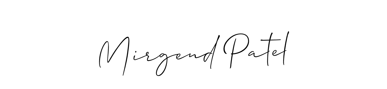 Make a short Mirgend Patel signature style. Manage your documents anywhere anytime using Allison_Script. Create and add eSignatures, submit forms, share and send files easily. Mirgend Patel signature style 2 images and pictures png