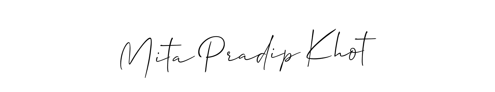 if you are searching for the best signature style for your name Mita Pradip Khot. so please give up your signature search. here we have designed multiple signature styles  using Allison_Script. Mita Pradip Khot signature style 2 images and pictures png