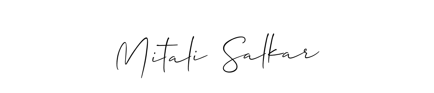 The best way (Allison_Script) to make a short signature is to pick only two or three words in your name. The name Mitali  Salkar include a total of six letters. For converting this name. Mitali  Salkar signature style 2 images and pictures png