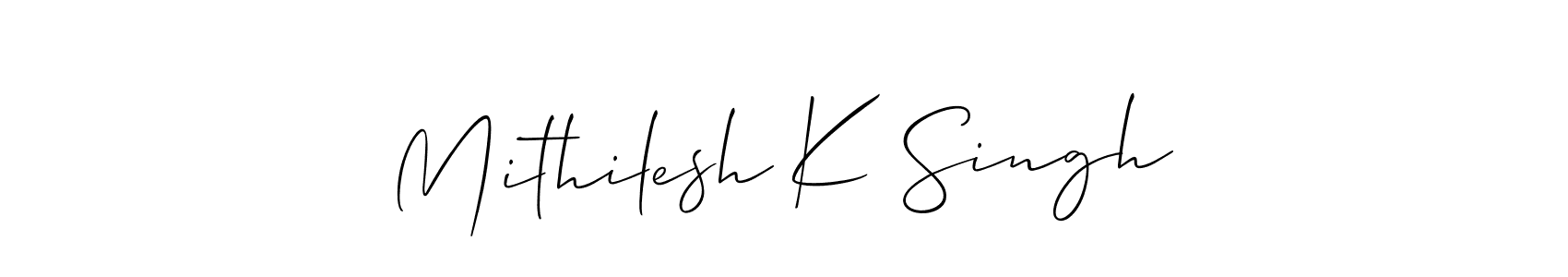The best way (Allison_Script) to make a short signature is to pick only two or three words in your name. The name Mithilesh K Singh include a total of six letters. For converting this name. Mithilesh K Singh signature style 2 images and pictures png